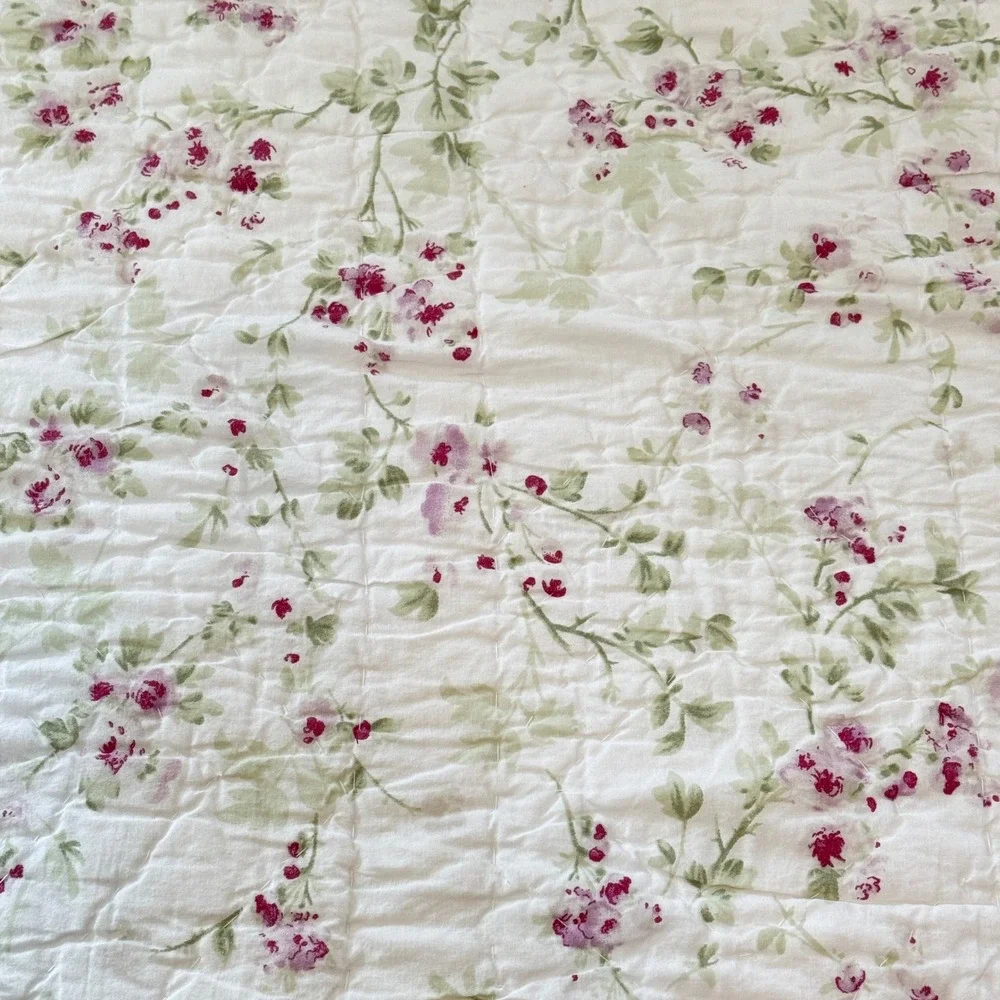 Simply Shabby Chic Dainty Floral Stripe  Reversible Cotton Quilt Pink Satin Trim
